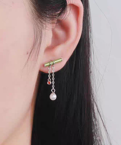 Silver Green Inlaid Bamboo Water Leaf Drop Fine Sterling Pearl