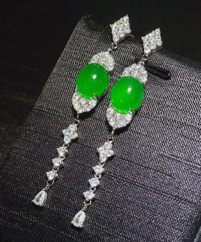 Fine Green Sterling Silver Zircon Jade Tassel Drop Earrings AC1058