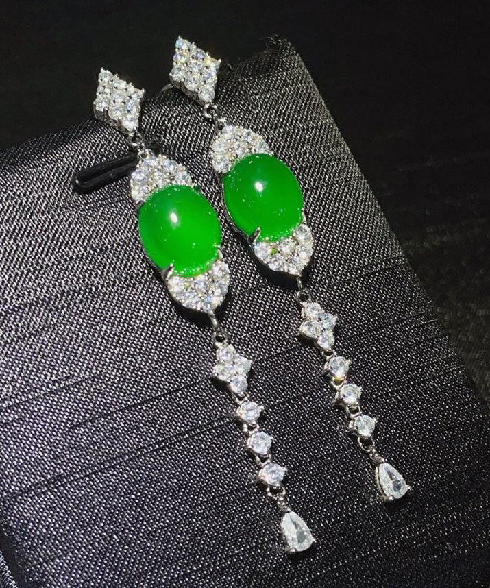 Fine Green Sterling Silver Zircon Jade Tassel Drop Earrings AC1058