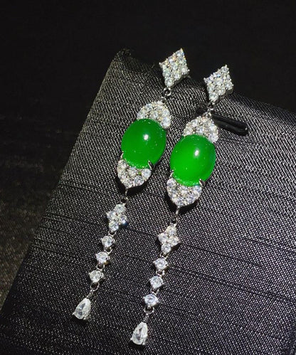 Fine Green Sterling Silver Zircon Jade Tassel Drop Earrings AC1058