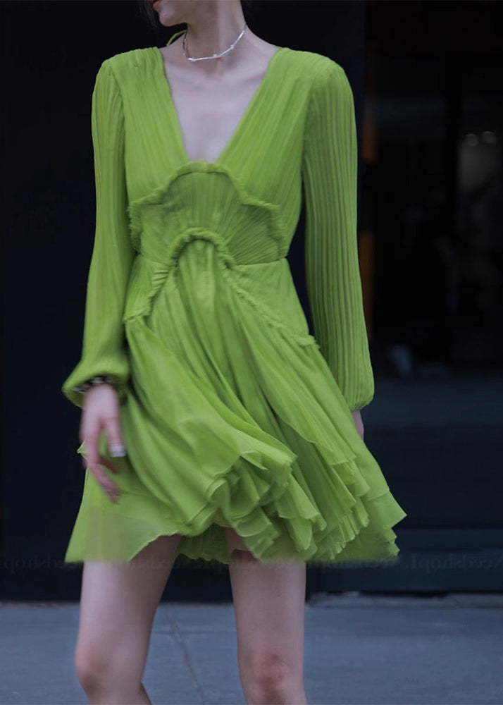 Fine Green V Neck Ruffled Patchwork Mid Dresses Spring RP018