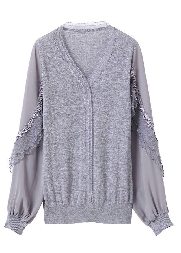 Fine Knit Ruffled Shirt Tulle Spring Grey Patchwork