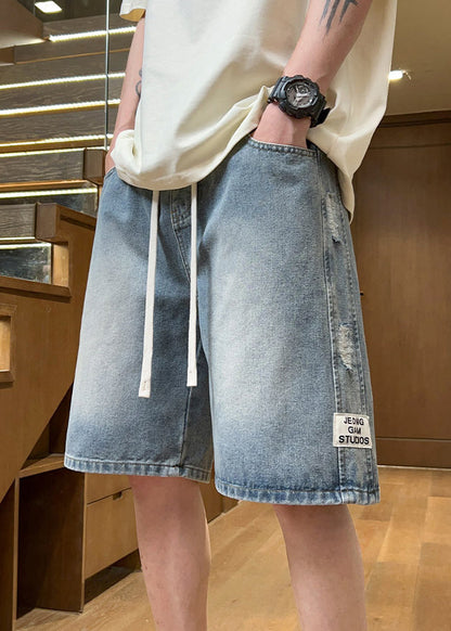 Fine Light Blue Hole Lace Up Elastic Waist Denim Mens Shorts Summer YL027