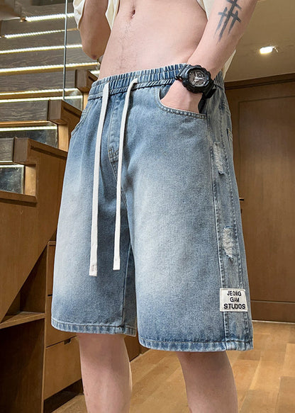 Fine Light Blue Hole Lace Up Elastic Waist Denim Mens Shorts Summer YL027