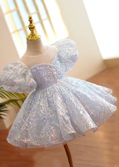 Fine Light Blue O-Neck Sequins Tulle Girls Party Long Dress Summer YS035