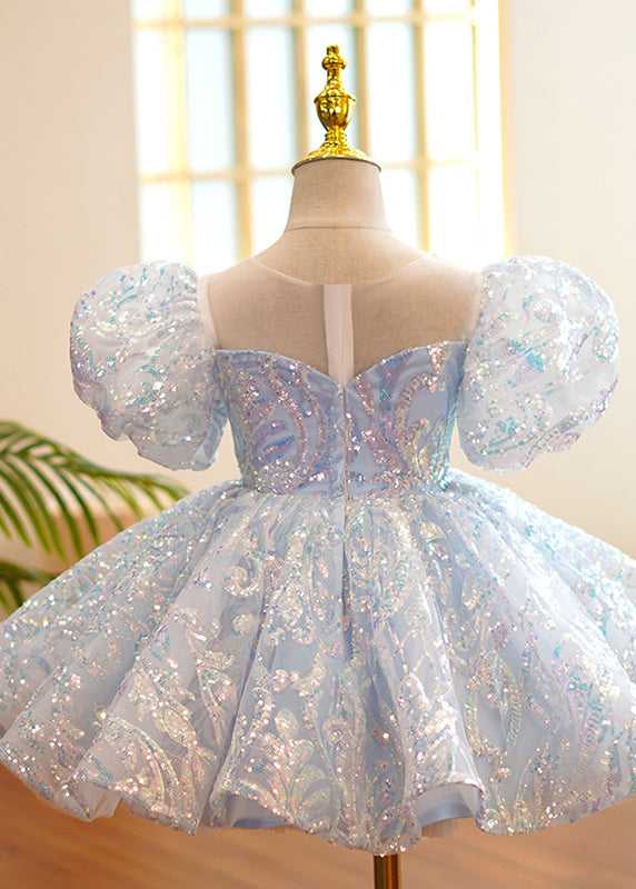 Fine Light Blue O-Neck Sequins Tulle Girls Party Long Dress Summer YS035