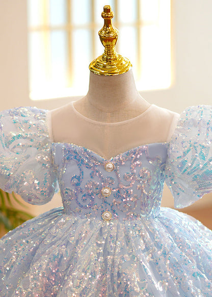 Fine Light Blue O-Neck Sequins Tulle Girls Party Long Dress Summer YS035