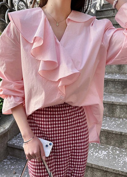Pink Ruffles Cotton Fine Asymmetrical Tops Shirt Fall