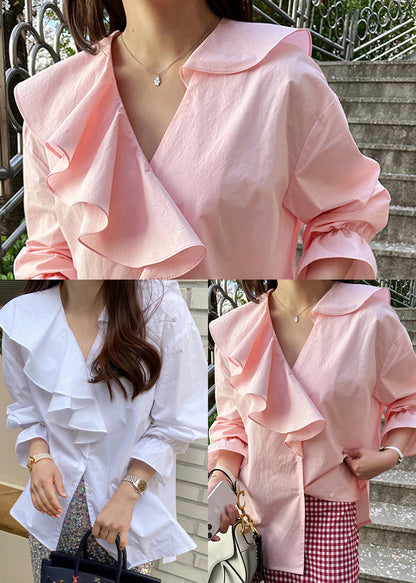 Pink Ruffles Cotton Fine Asymmetrical Tops Shirt Fall