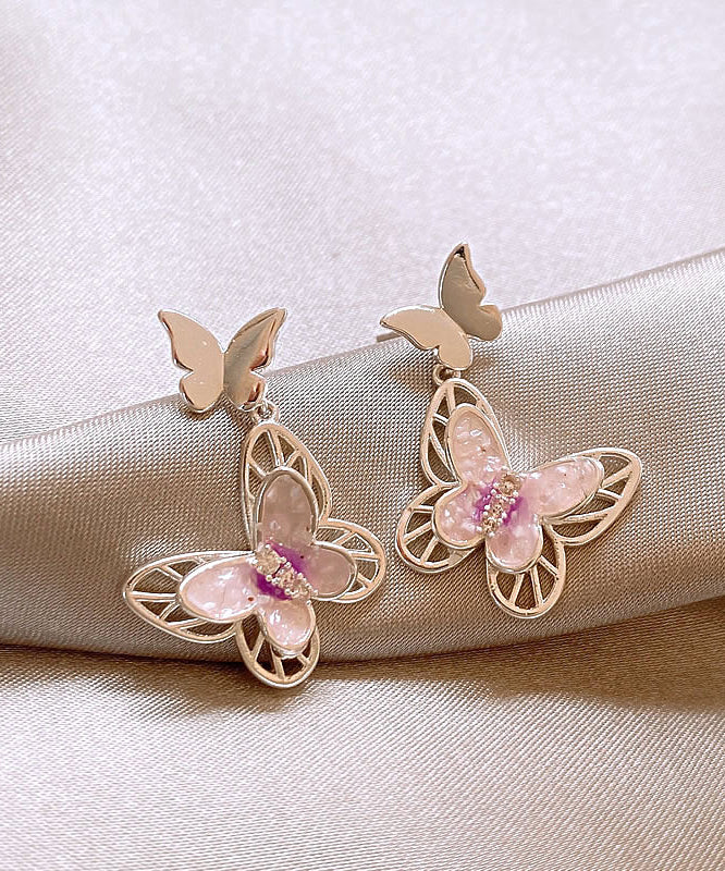 Glaze Pink Drop Butterfly Earrings Copper Hollow Fine Out