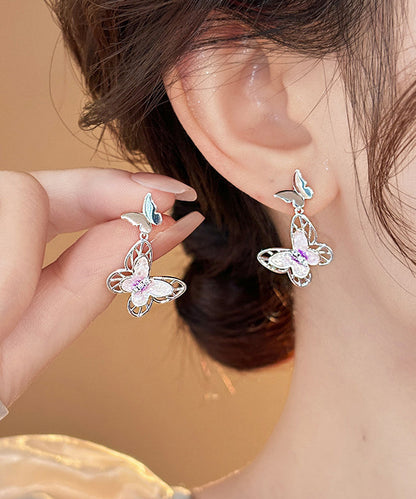 Glaze Pink Drop Butterfly Earrings Copper Hollow Fine Out