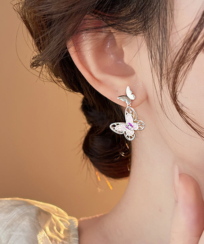 Glaze Pink Drop Butterfly Earrings Copper Hollow Fine Out