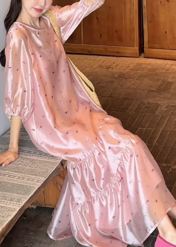 O-Neck Dress Fine Sleeve Print Pink Long Bracelet Silk