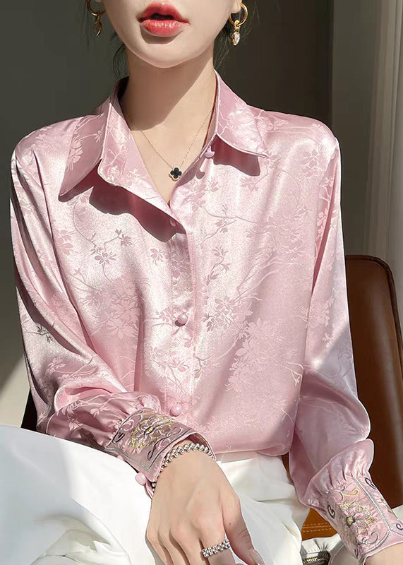 Embroidered Pan Silk Fine Pink Peter Collar Blouse