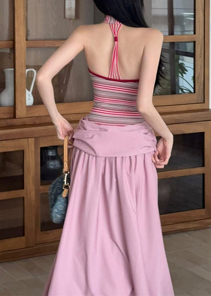 Two Patchwork Summer Dress Fake Long Striped Pink Fine Pieces