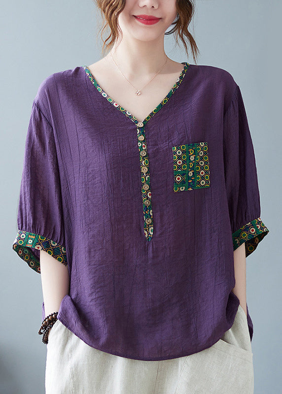 Print Half Sleeve Patchwork Fine Purple Top