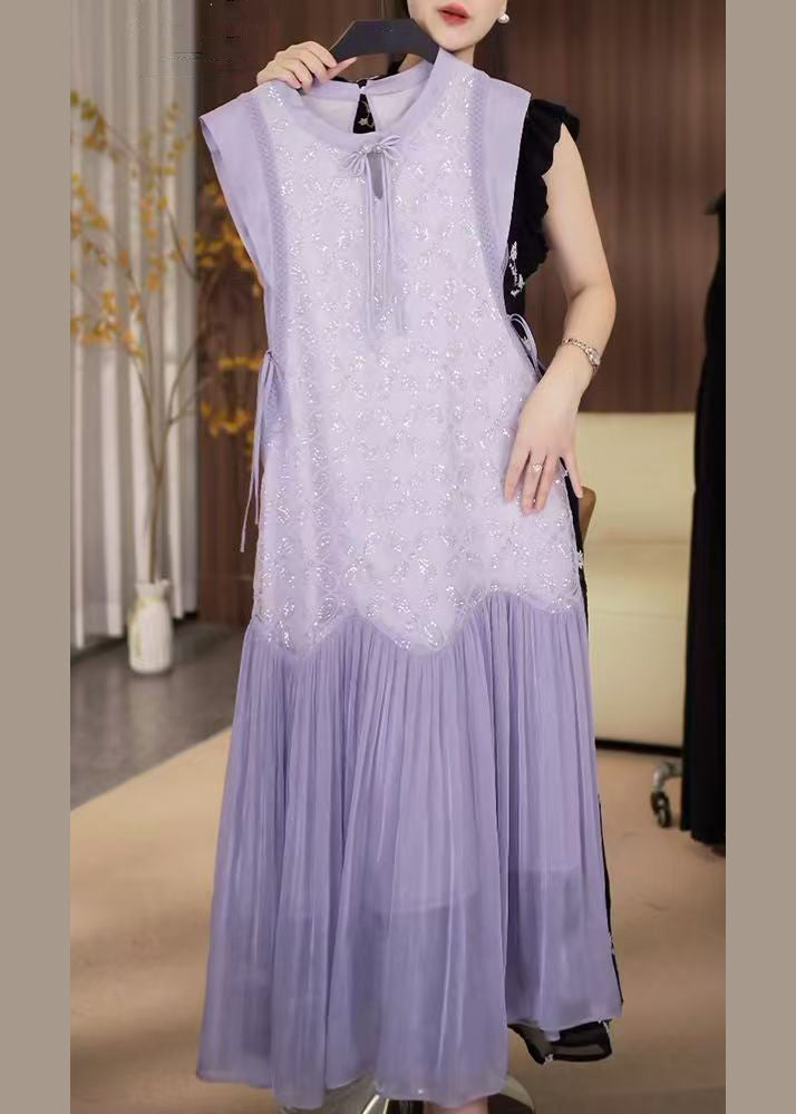 Up Chiffon Patchwork Sequins Lace Long Dress Fine Purple