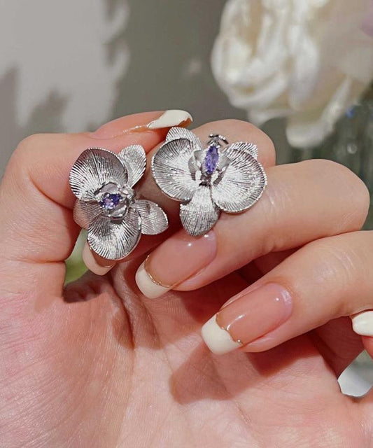 Fine Purple Sterling Silver Crystal Butterfly Orchid Stud Earrings AC1062