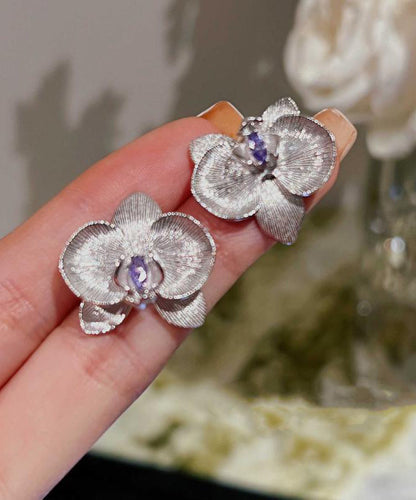 Fine Purple Sterling Silver Crystal Butterfly Orchid Stud Earrings AC1062