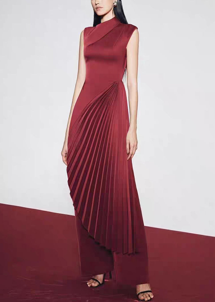 Dress Sleeveless Wrinkled Red Long Asymmetrical Silk Fine