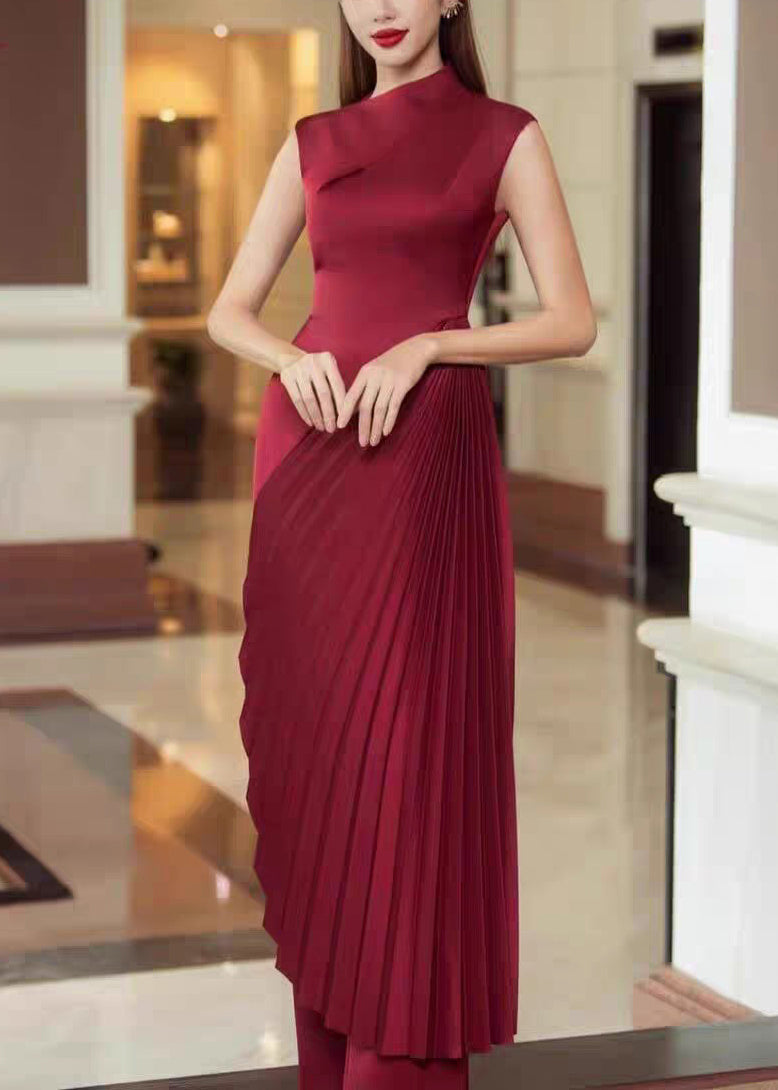 Dress Sleeveless Wrinkled Red Long Asymmetrical Silk Fine
