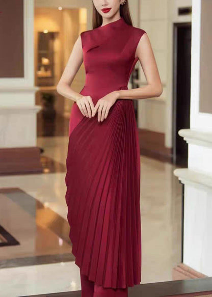 Dress Sleeveless Wrinkled Red Long Asymmetrical Silk Fine