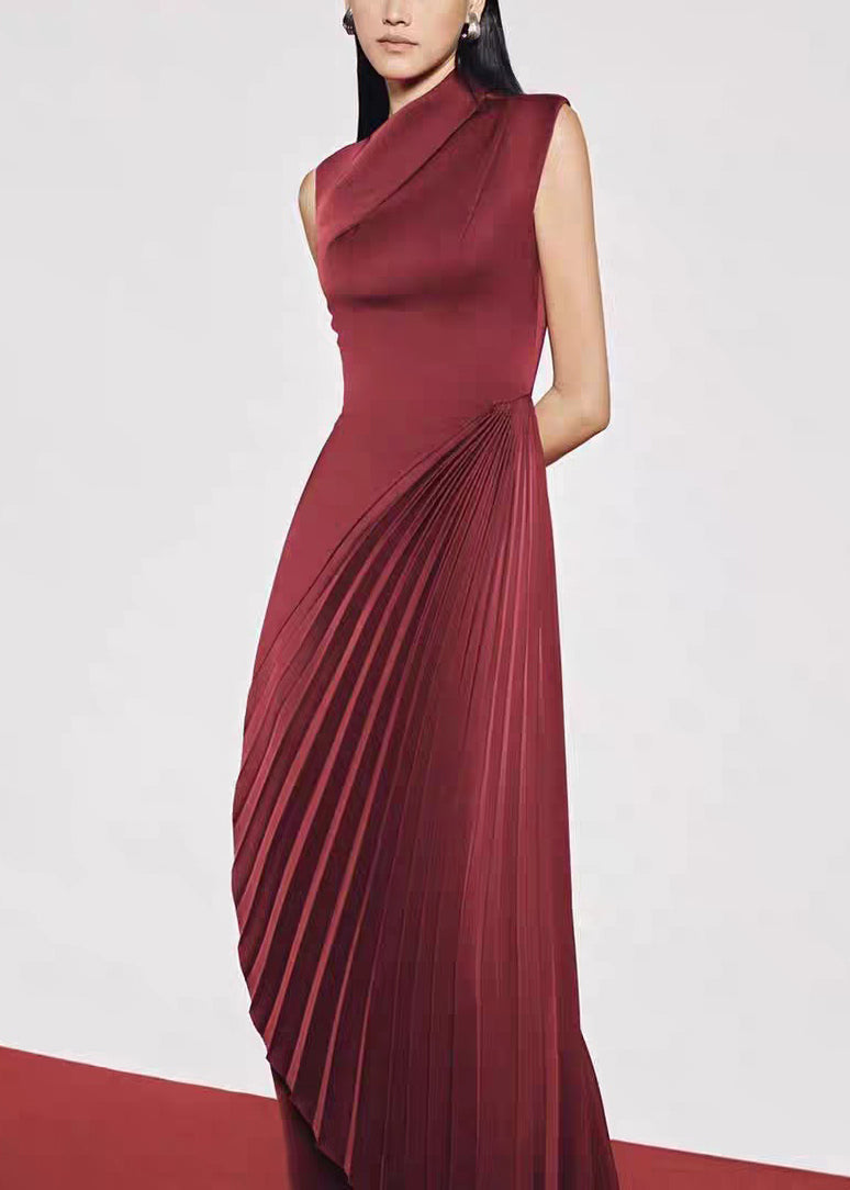 Dress Sleeveless Wrinkled Red Long Asymmetrical Silk Fine