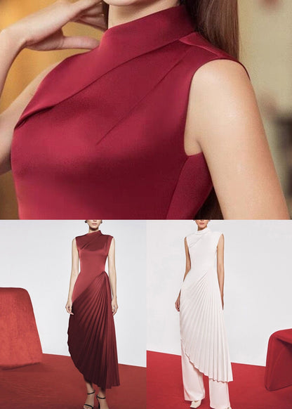 Dress Sleeveless Wrinkled Red Long Asymmetrical Silk Fine