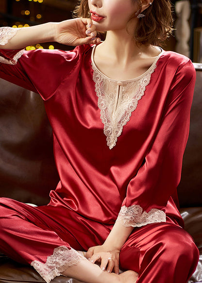 O Red Neck Set Fine Two Silk Patchwork Lace Pajamas Fall Pieces