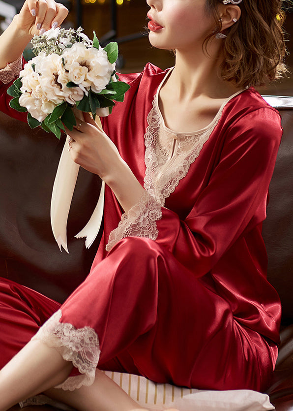 O Red Neck Set Fine Two Silk Patchwork Lace Pajamas Fall Pieces