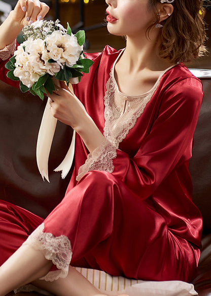 O Red Neck Set Fine Two Silk Patchwork Lace Pajamas Fall Pieces