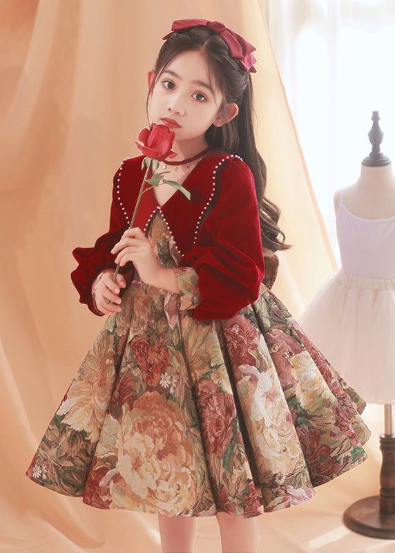 Spring Dress Maxi Collar Bead Pan Print Peter Kids Red Fine Nail