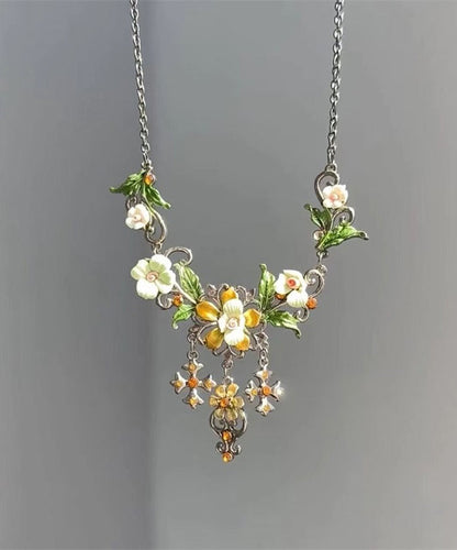 Collier Lariat à pampilles florales en argent sterling et soie fine QD037