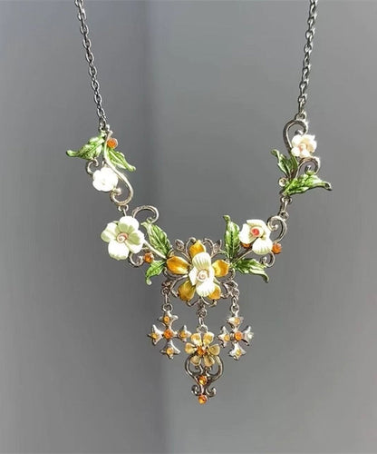 Collier Lariat à pampilles florales en argent sterling et soie fine QD037