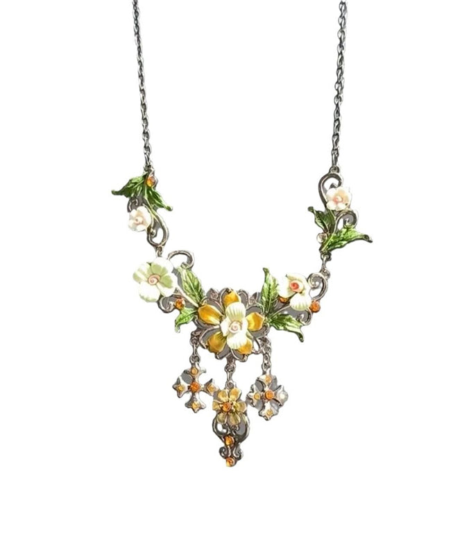 Collier Lariat à pampilles florales en argent sterling et soie fine QD037