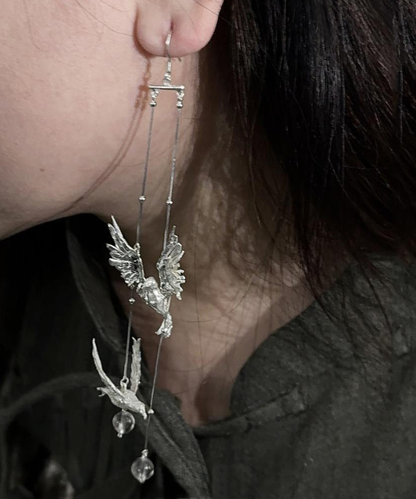 Tassel Drop Fine Earrings Sterling Silver Bird Silk Little