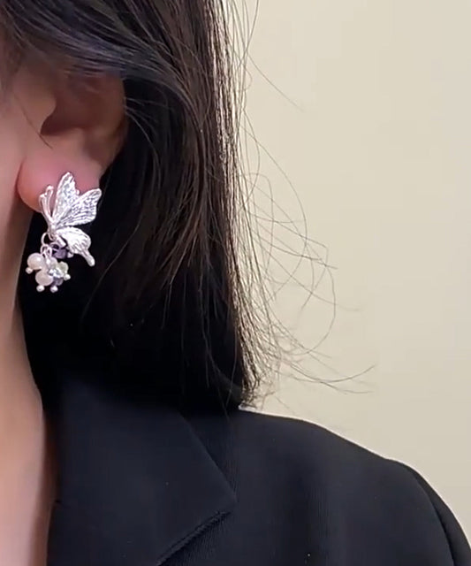 Earrings Tassel Fine Silver Butterfly Pearl Sterling Silk Stud