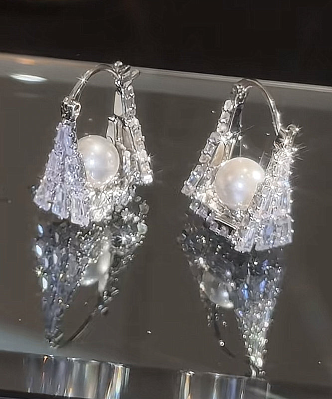 Handbag Hoop Silver Fine Sterling Pearl Silk Earrings Zircon