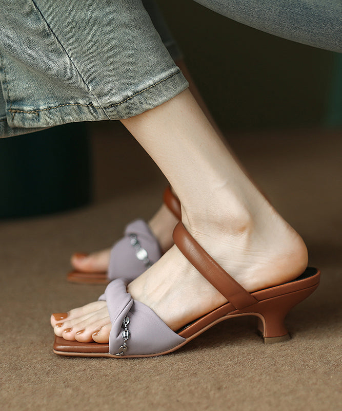 Leather Sandals Purple Fine Kitten Faux Splicing Slide Heels