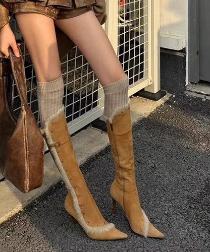 Fine Splicing Stiletto Boots Yellow Suede Fuzzy Wool Lined Pointed Toe TP008