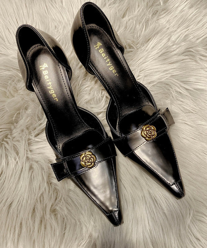 Fine Pointed High Black Toe Splicing Stiletto Heels Sheepskin