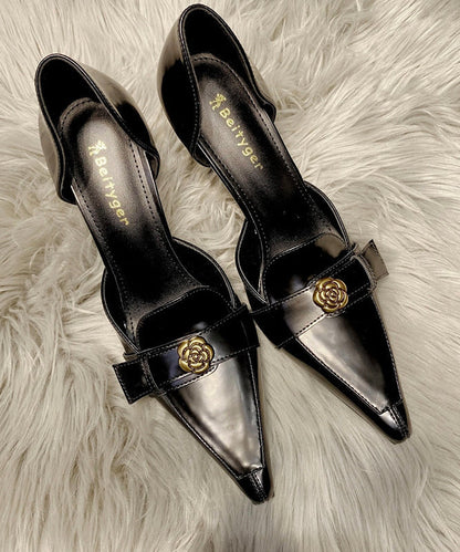 Fine Pointed High Black Toe Splicing Stiletto Heels Sheepskin