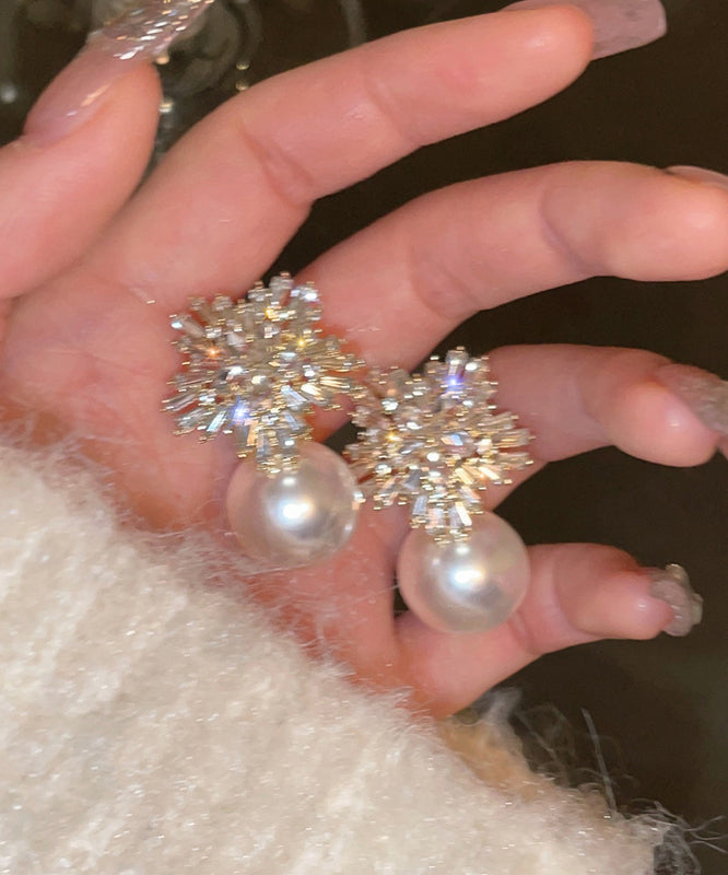 Snowflake Fine Earrings Alloy Pearl White Drop Zircon