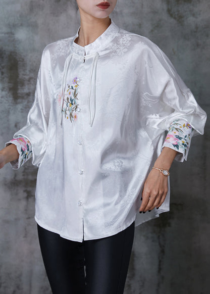 Fine White Embroidered Tasseled Silk Oriental Shirts Spring AL1001