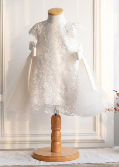 Fine White Lace Patchwork Tulle Girls Maxi Dresses Short Sleeve YS021