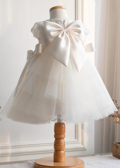 Fine White Lace Patchwork Tulle Girls Maxi Dresses Short Sleeve YS021