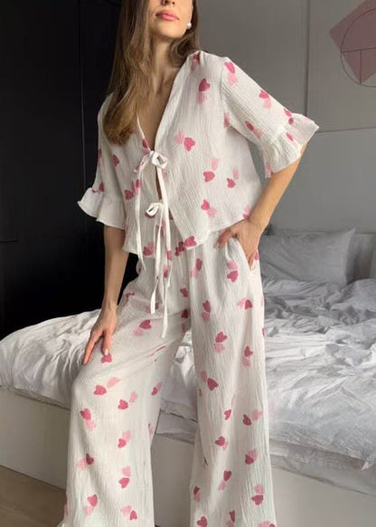 Fine Summer Print Sets Lace White Love Up Cotton Pajama