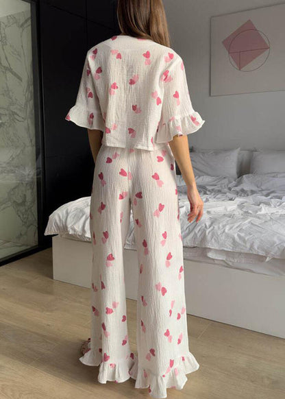 Fine Summer Print Sets Lace White Love Up Cotton Pajama