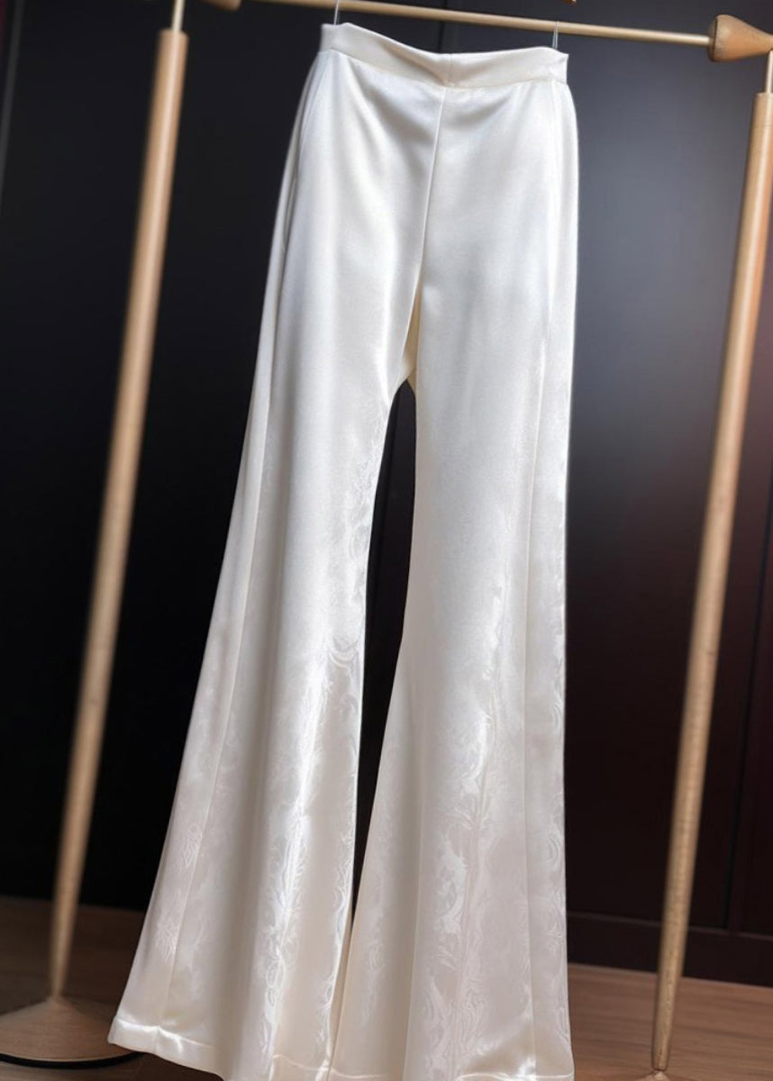 Print Summer Silk White Trousers Flared Fine High Waist