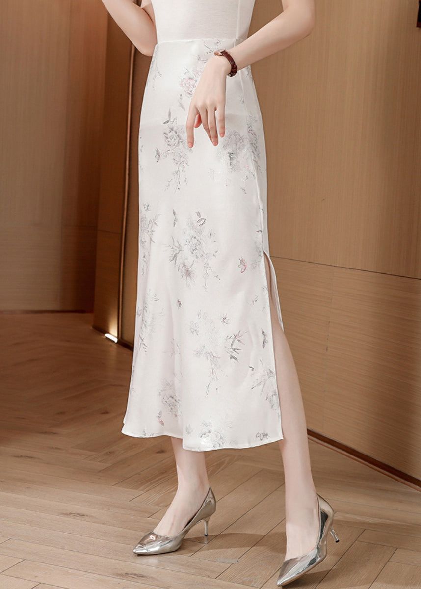 Fine White Print Side Open Silk Skirt Summer OO029